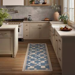 2.5'x7' Ruggable Washable Blake Runner Rug Blue + Rug Pad