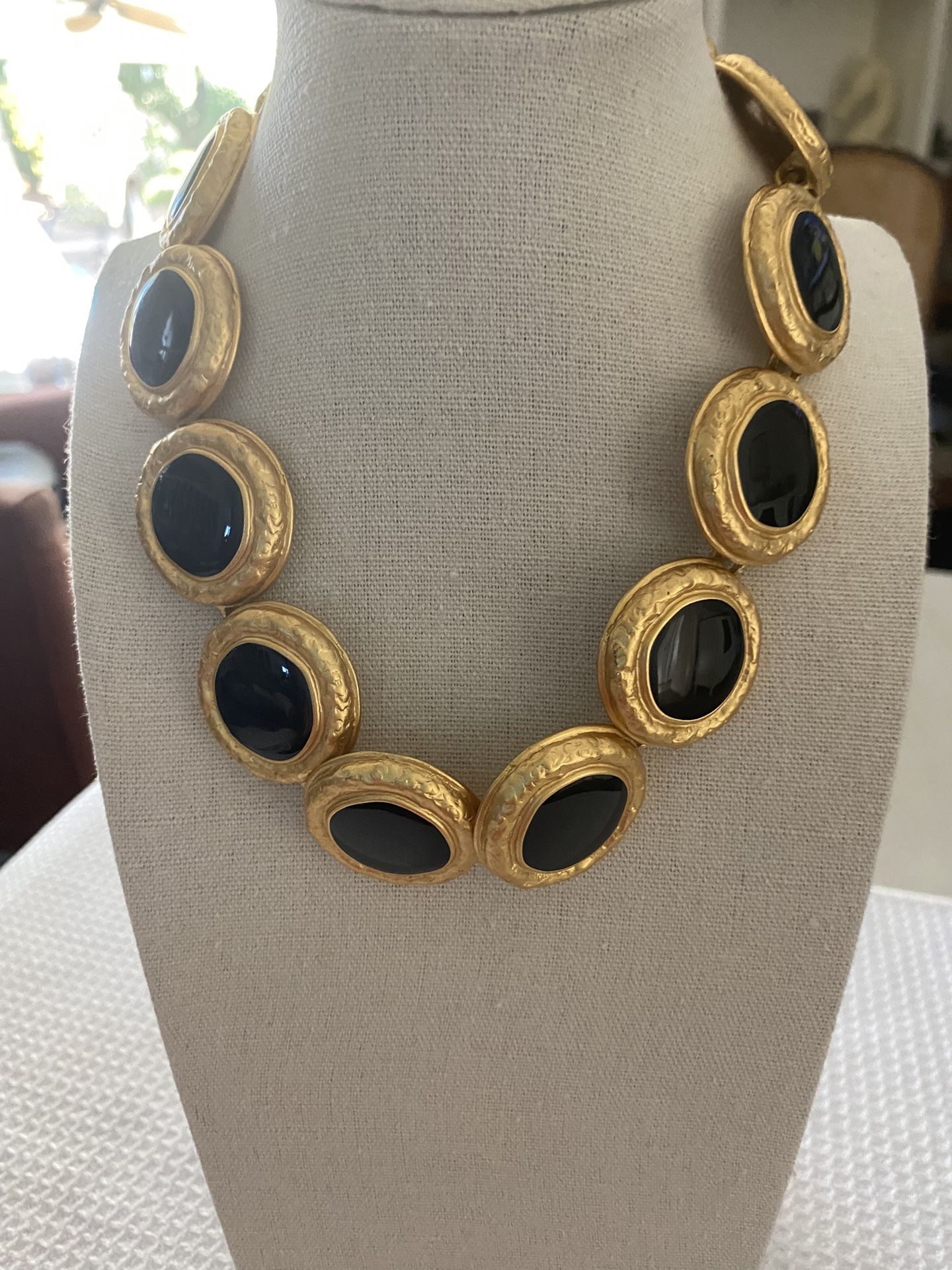 Vintage, goldtone and black stone necklace, 15-1/2” in length, 3rd pic backside