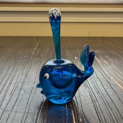 Hand Blown Art Glass Blue Whale Water Spout Figurine Paperweight Ocean Signed