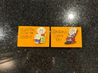 Vintage 1975 Orange Wooden Wall Art Plaques 3D Cartoon Grandpa & Grandma