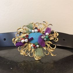 Genuine Black Leather Diga Belt with Brass Buckle and Turquoise Stone