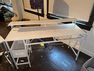 Desk, dresser, chair, lamp, stand, cloth rack,