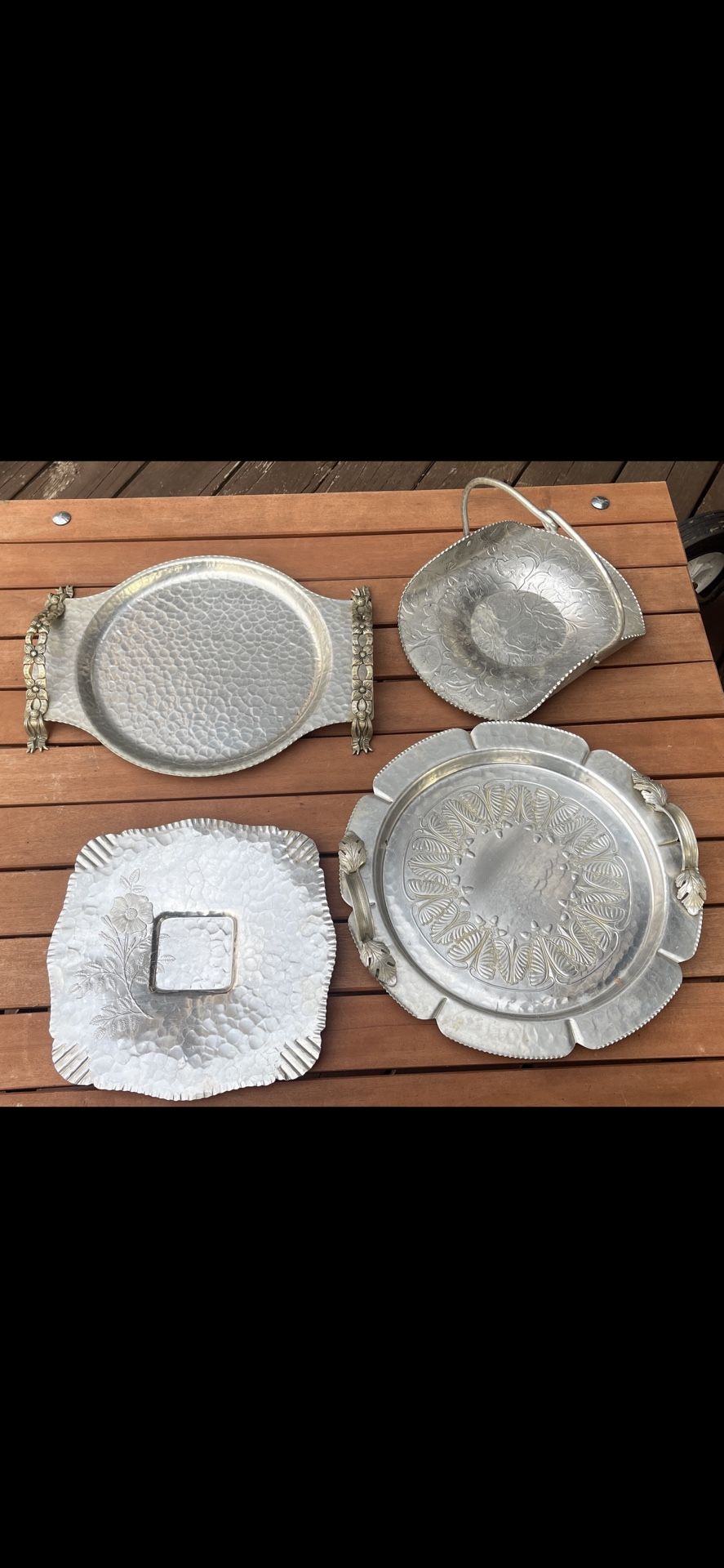 4 Vintage Pewter & Aluminum Serving Plates And Platters