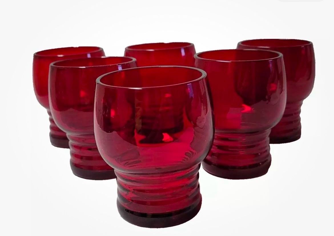 Set of 8 Ruby Red Imperial Glass Shaeffer 4 Oz. Juice Tumblers Glasses