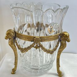 Rare ~ Vintage Ice Bucket/Champagne Chiller/Vase ~  Heavy Cut Crystal In Solid Brass Figural Ram’s Heads/Hooves Frame