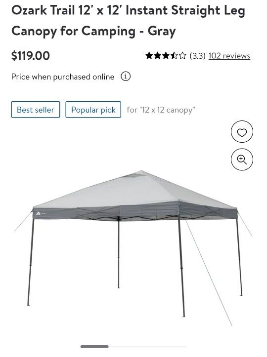 Ozark Trail 12' x 12' Instant Straight Leg Canopy for Camping - Gray
