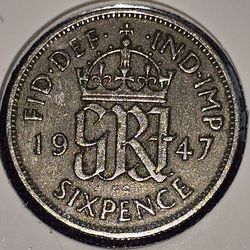 1947 Great Britain 6 Pence Coin