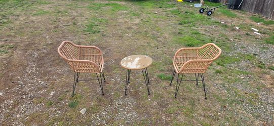 3-Piece Boho Rattan Bistro Set: 2 Chairs + Glass-Top Table