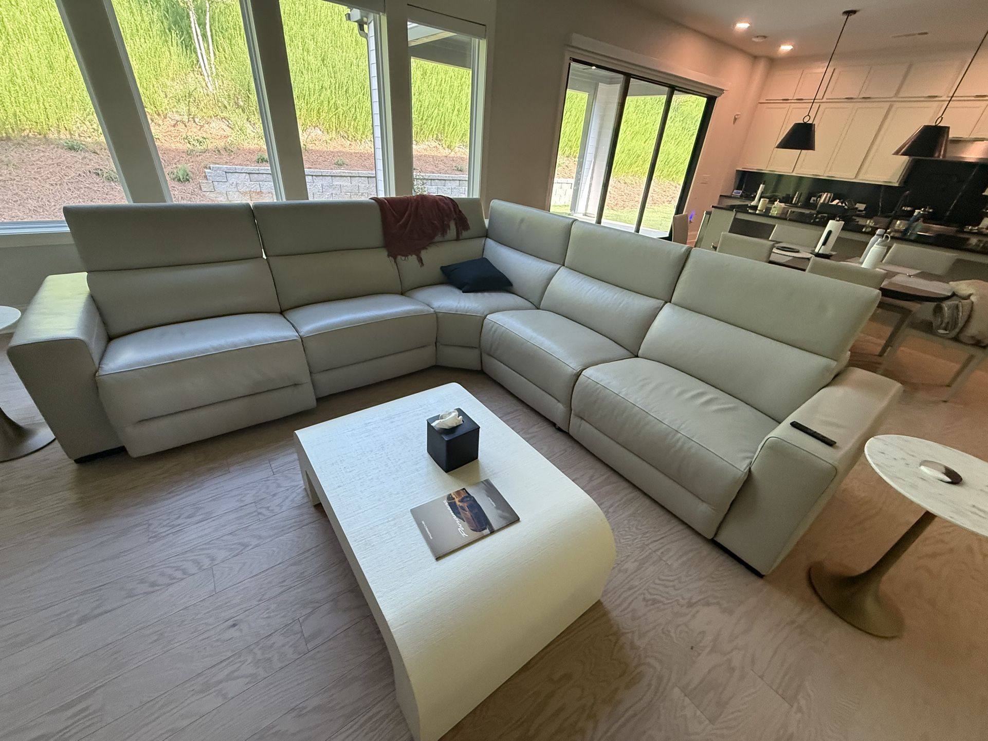 Nevio 5 Piece Leather "L" Sectional 3 power Recliners - Top Grain , Stone Ivory Color
