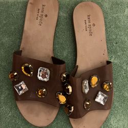 Kate Spade Avila gem slide sandal stone shoes rhinestone flats brown flip flop
