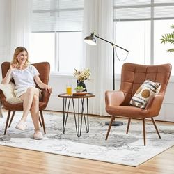 Set of 2 Mid-Century Modern Faux Leather Wingback Accent Chair, Brown