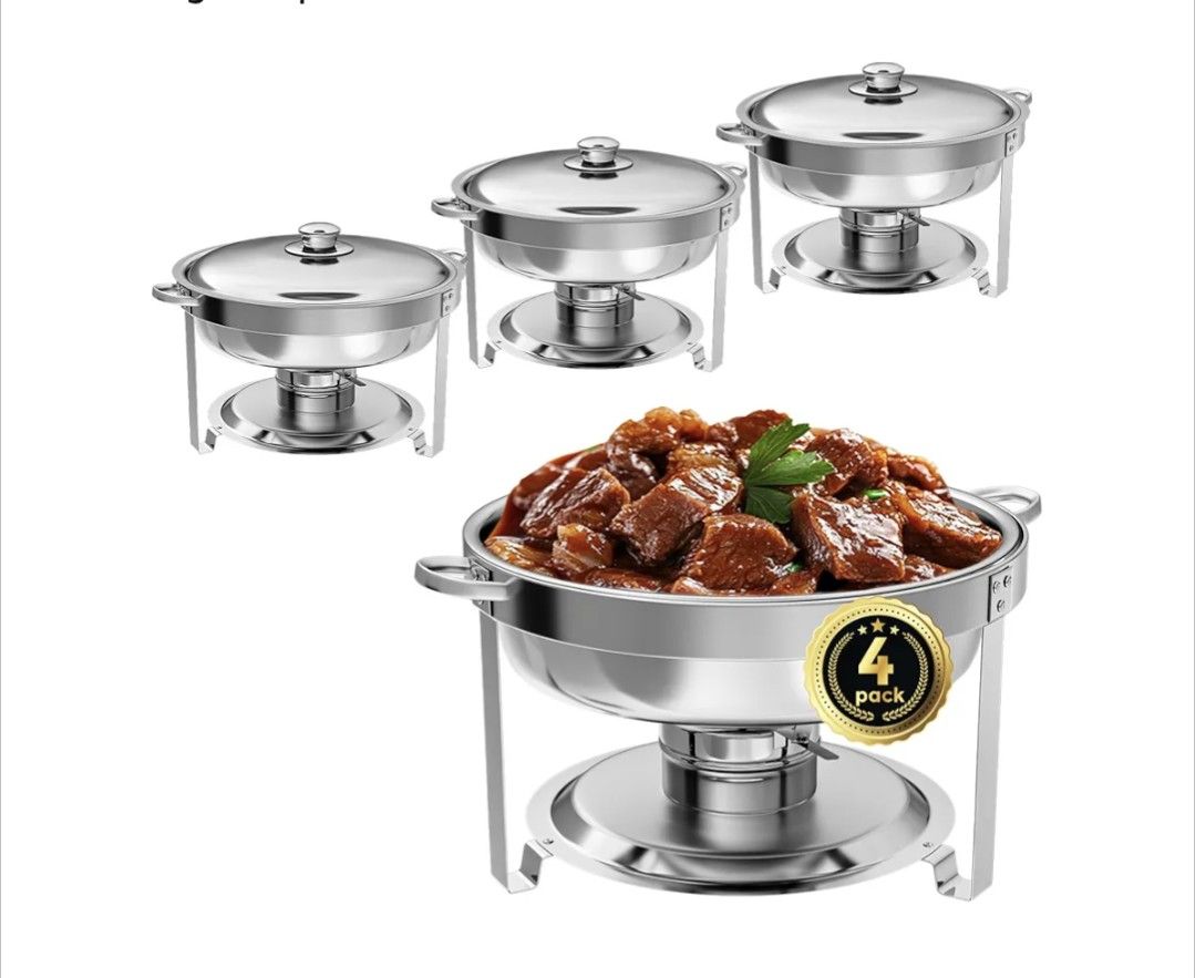 Chafing Dish Buffet Set 4 Pack, 5QT Round Stainless Steel Chafer for Catering, Upgraded Chafers and Buffet Warmer Sets with Food & Water Pan, Lid, Fra