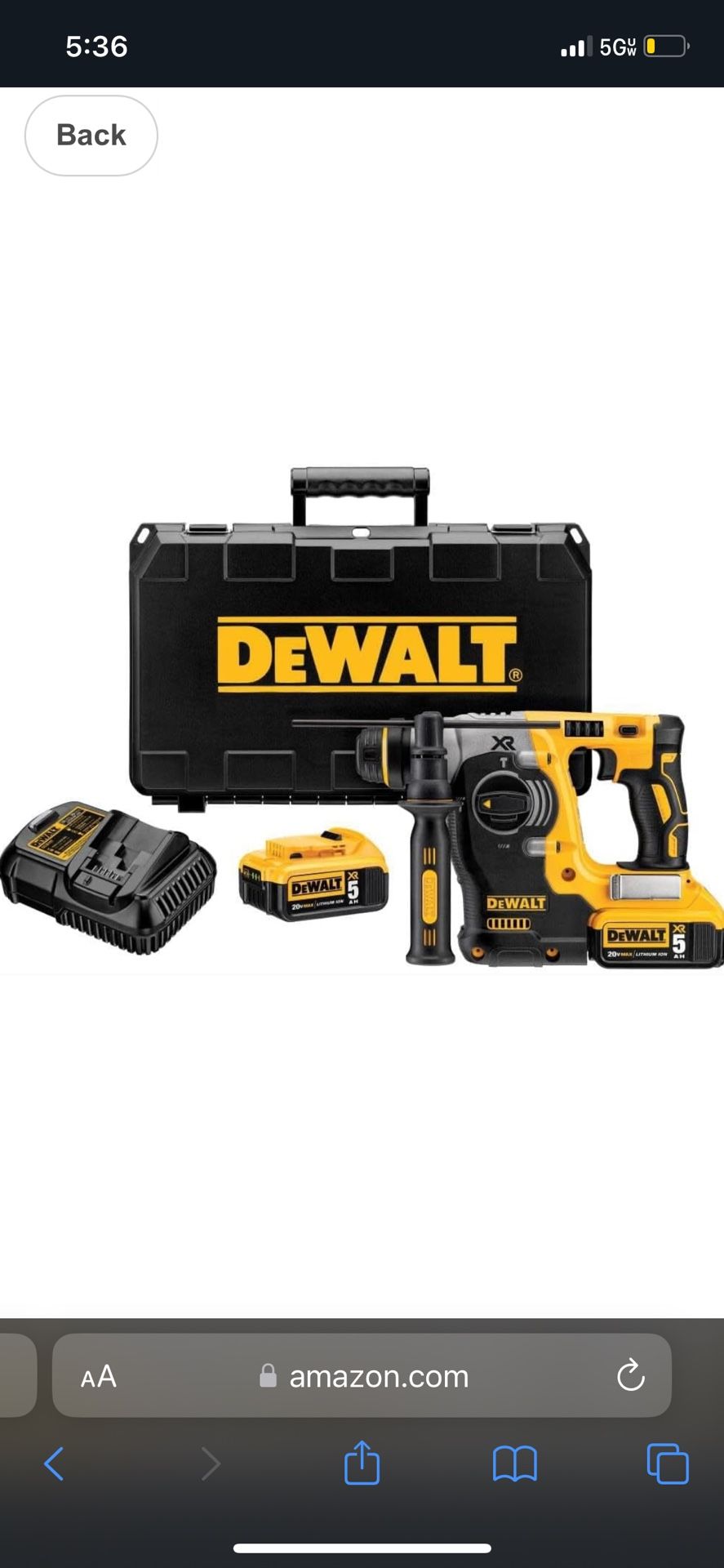DEWALT DCH273P2 20V Max Brushless SDS Rotary Hammer with 5 Ah Batteries