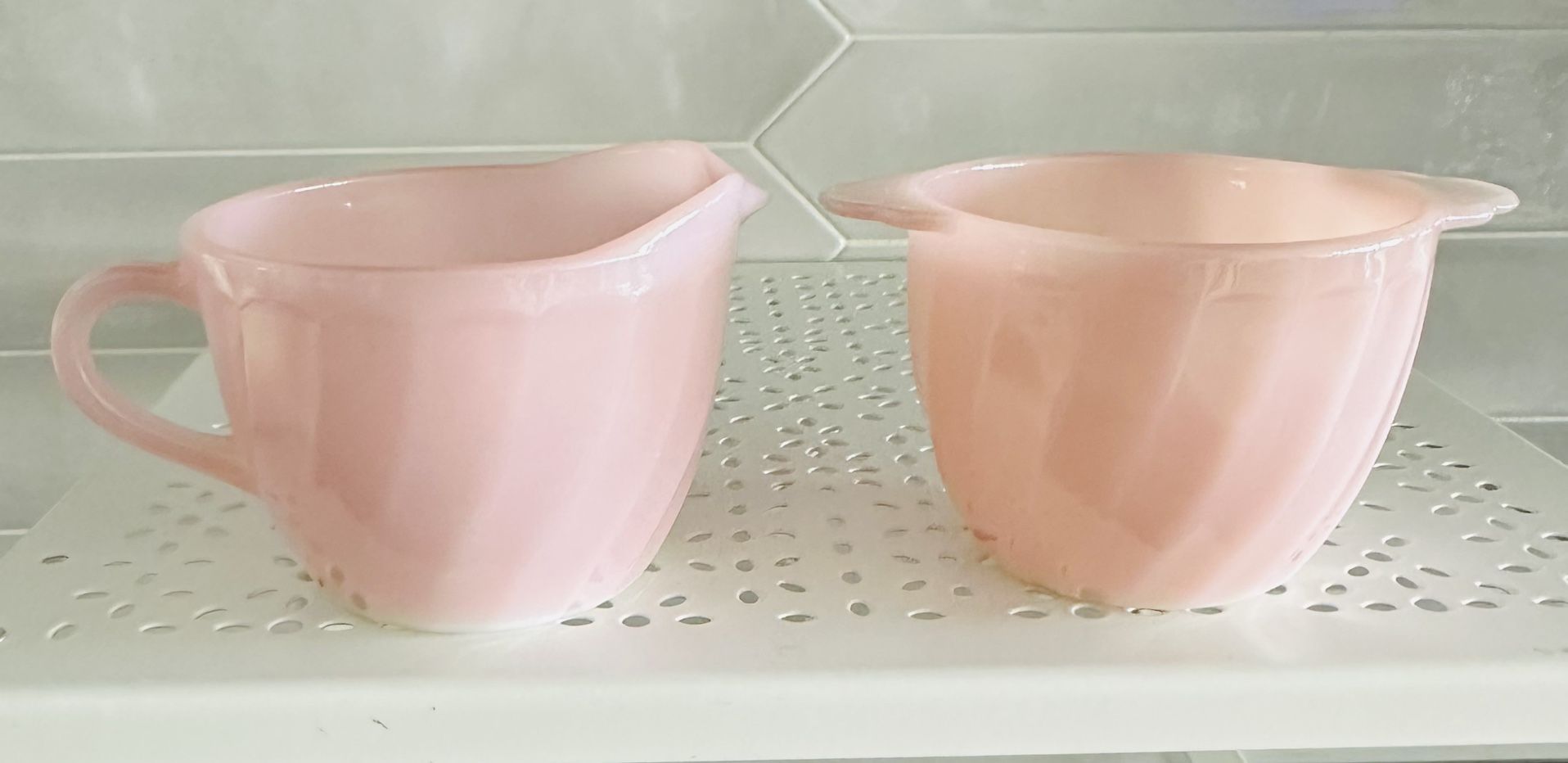 Vintage Fire King pink swirl set. one creamer and one sugar bowl. Beautiful condition 