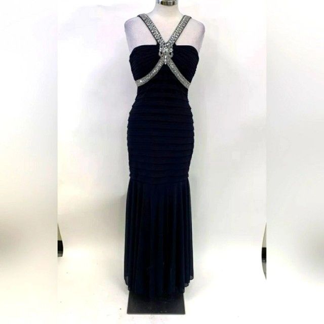 xscape long black dress Ruth Satin High Tie Neck Backless Floor Length Dress main image 1