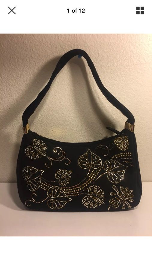St John Made In Italy Black Hobo Purse Gold Embellished Rhinestones