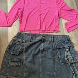 New! Women Okay Size Cargo Denim Skirt & Mesh Top