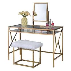 Makeup Vanity Table with Glass Top and Faux Fur Stool