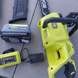 RYOBI 40V LITHIUM CHAINSAW 14IN WITH BATTERY AND CHARGER 