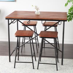 Dining Table with Brown Wood Tabletop and 4 Stools