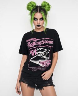 Rolling Stone Black Oversized Women’s T-Shirt w/ Pink & White Graphic Designs Size XS
