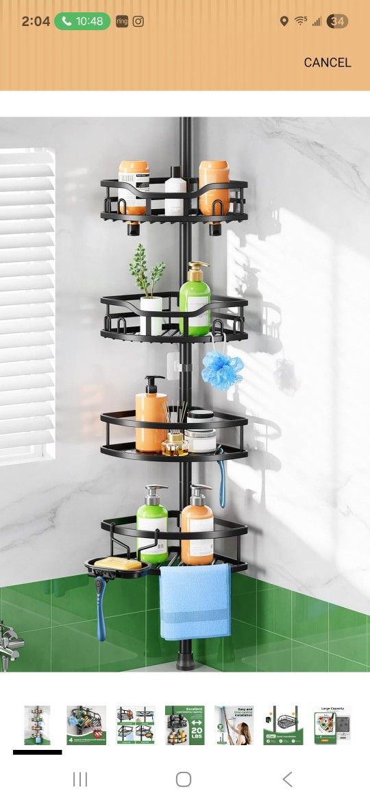 Shower Caddy Tension Pole: Rustproof Quick Install Corner Bathroom Organizer Shelf on Floor for Renters - 4-Tier Large Capacity Storage Rack with Soap