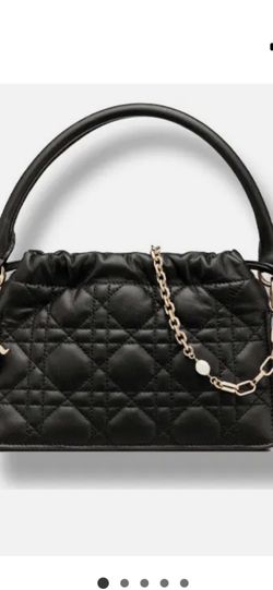 Black Quilted Leather Mini Top Handle Bag with Gold-Tone Charm