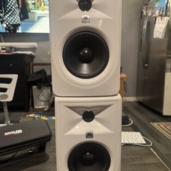 Pair of White JBL 305P MKII Studio Monitors 