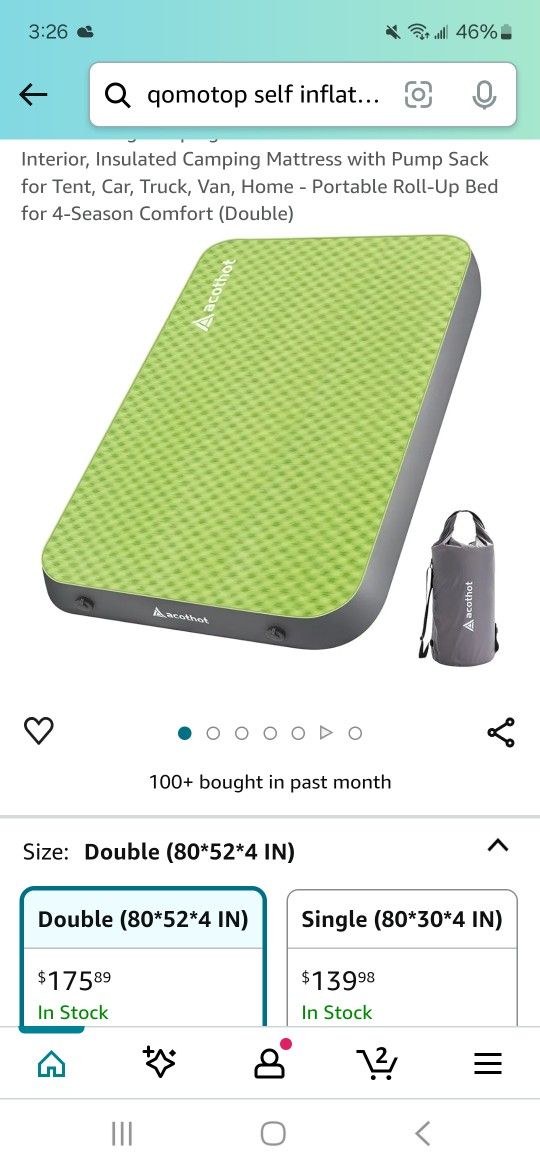 Self Inflating No Batteries Needed. 3.5" Double Size Air Mattress (Blue Grey)