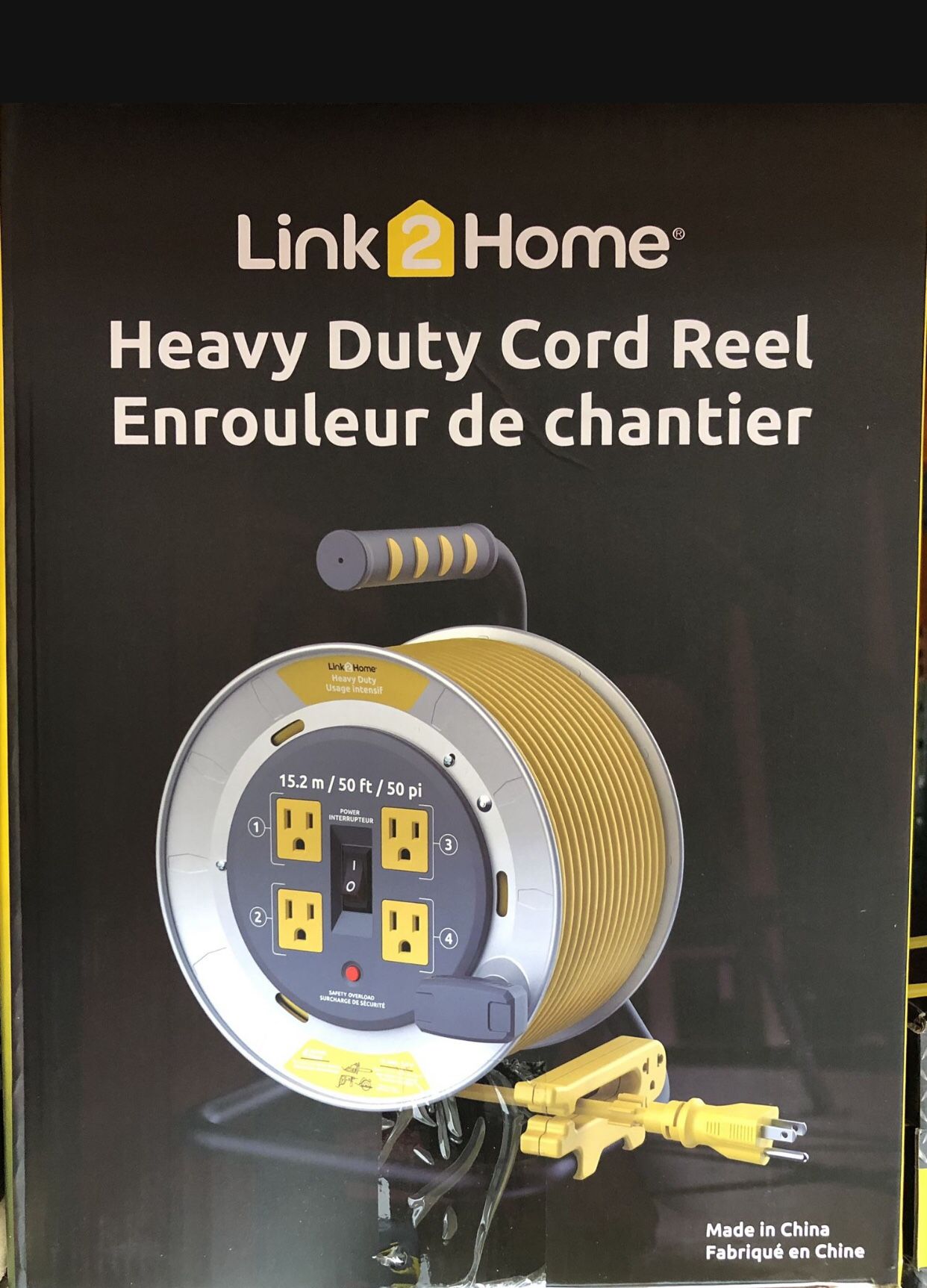 Link2Home 50ft Heavy Duty Professional Grade Metal Cord Reel- High Visibility 12 AWG SJTW Extension Cord With 4 Power Outlets, New With Tag