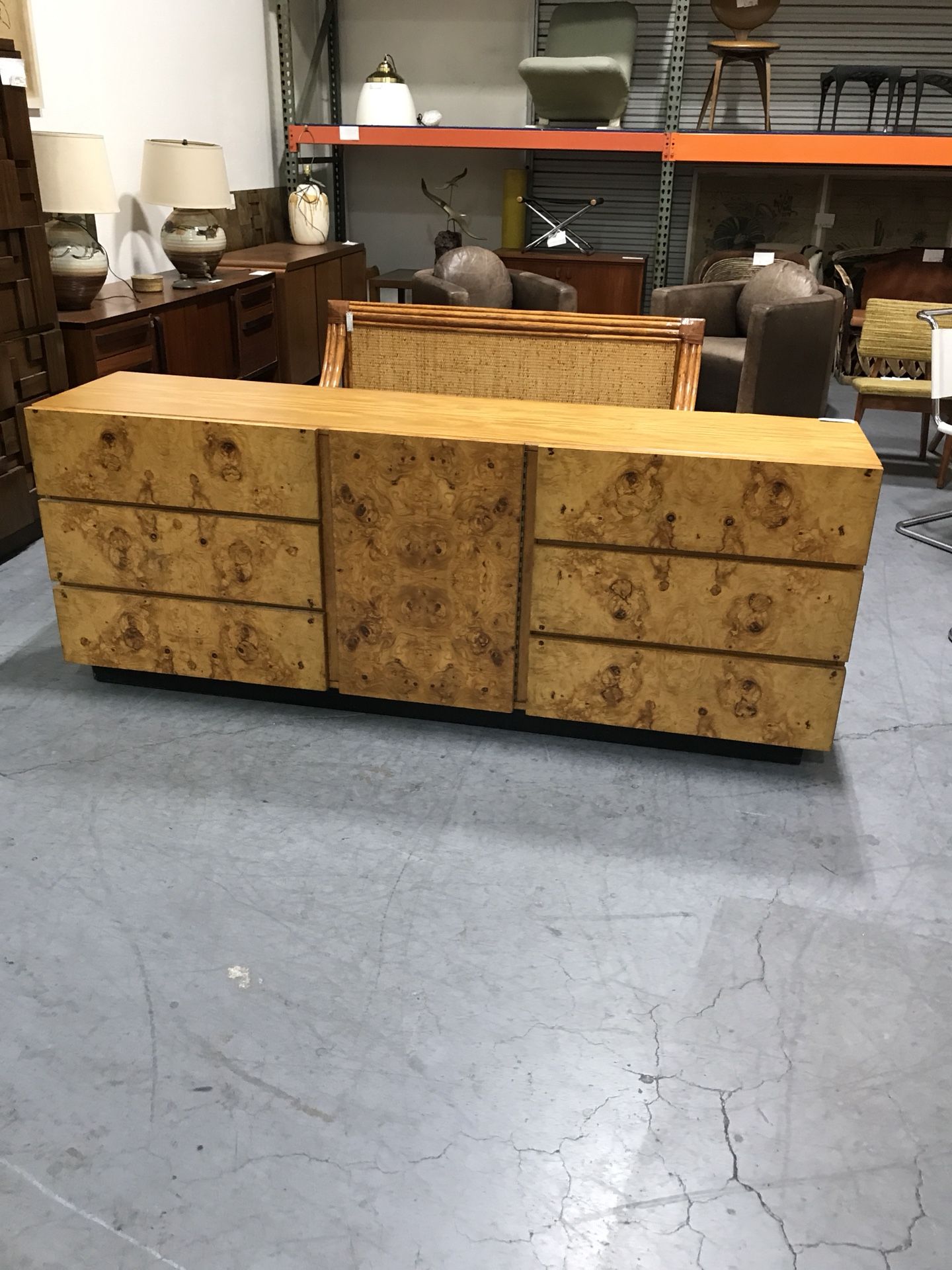Burlwood Milo Baughman Credenza Dresser Lane Brutalist burl wood mid Century modern vintage