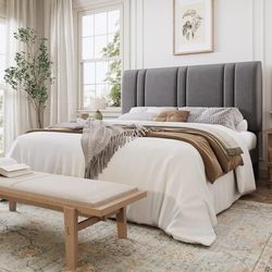 Full Size Velvet Bed Frame with Adjustable Headboard, Grey