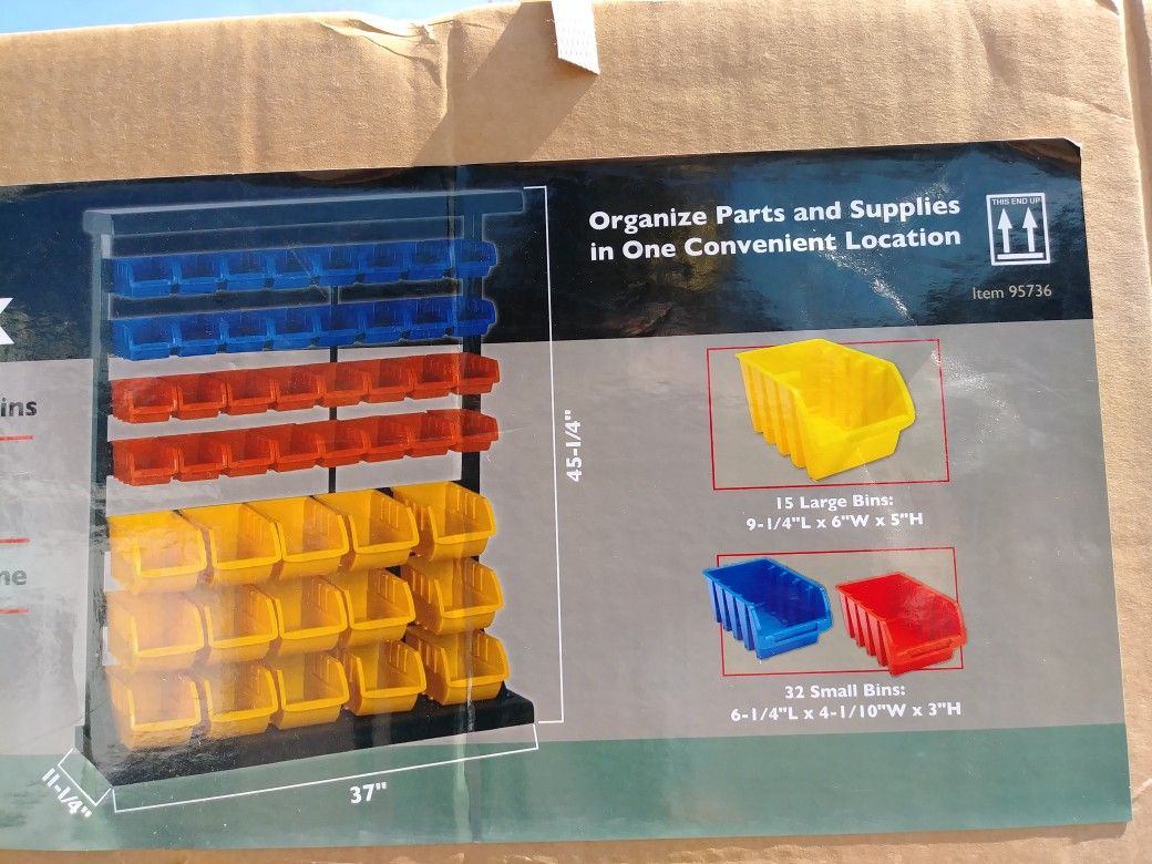 StoreHouse floor mount storage parts rack w 47 plastic bins
