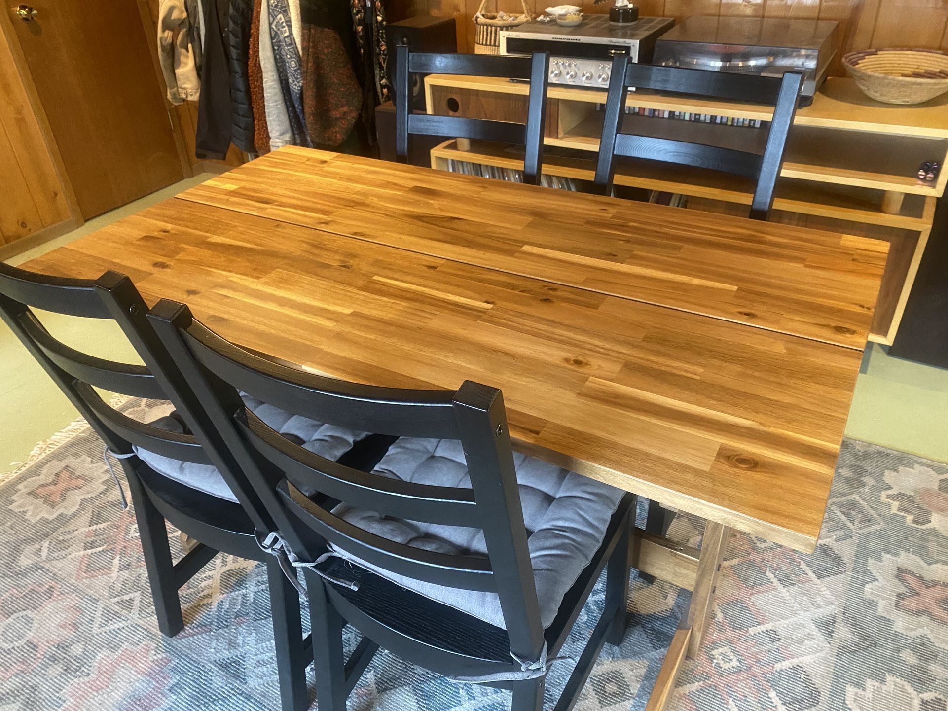IKEA Nackanäs Acacia Wood Dining Table and 4 Chairs With Cushions