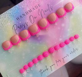 Round Press on toenails neon pink glitter nude French tips