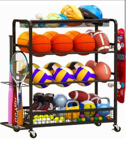 Basketball Hoop,Wheeled Sports Ball Storage Rack,Double-Row Basketball Hoop Holds 16+ Balls