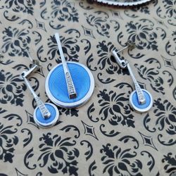 Estate Blue Enamel , Necklace ,earring Set .real Diamonds 