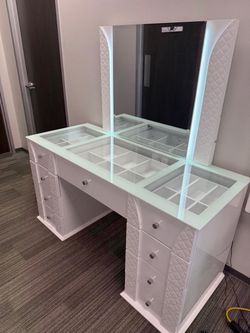 White Vanity Desk with LED Mirror and Drawers