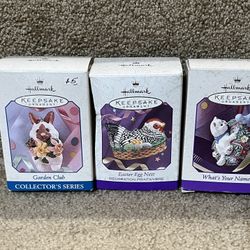 Hallmark lot of 3 Spring Easter ornament Tin Chicken Garden Club Whats your name