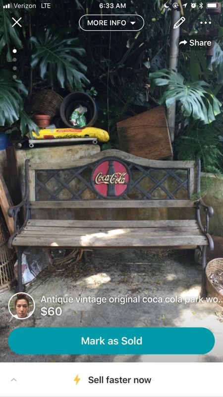 Vintage real park bench made by Coca Cola outdoor furniture approx 6ft wide well made some wear from age, ready to go as far as sturdy to sit down fo