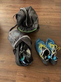 Scarpa climbing shoes, harness and skiing helmet