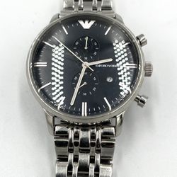 Rare Emporio Armani AR0389 Chronograph Silver Band Black Dial Quartz Men’s Watch