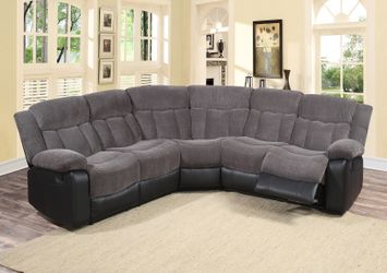 Brand new 102" x 102" grey fabric sectional
