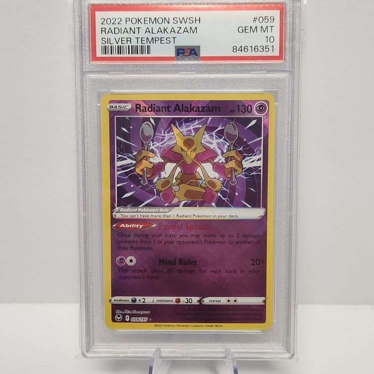 radiant alakazam pokemon card 2022 Pokemon Sword & Shield Silver Tempest 059 Radiant Alakazam PSA 10 Graded Card