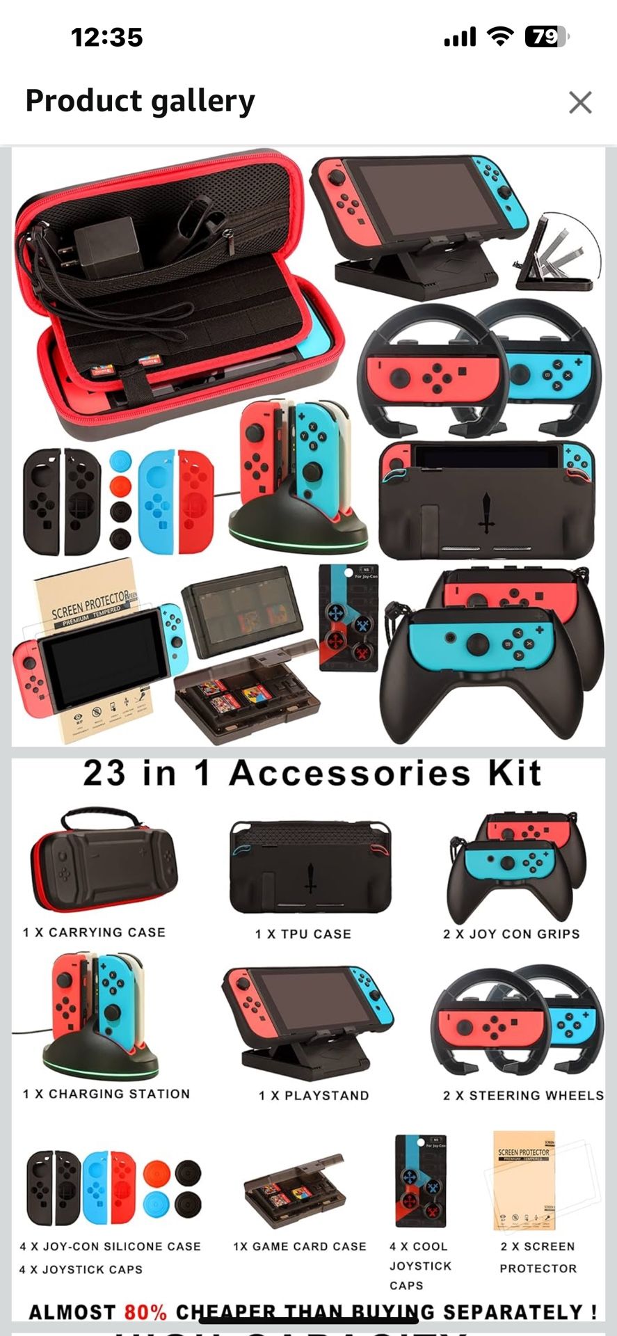 Switch Accessories Bunate for Nintendo switch: Carrying Lase, Screen Protector, Joycon Grips, Steering Wheels, Charging Dock, Playstand, Comfort Joy-C