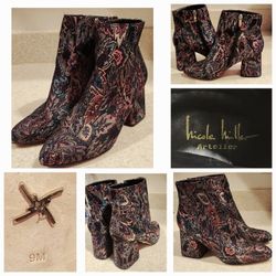 Nicole Miller Artelier Size 9. Floral Jacquard Print Ankle boots. They have a Metallic gold color thru out. Very nice and comfortable quality boots . 