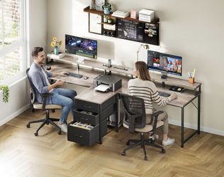 94" Computer Desk with Fabric Drawer & File Cabinet- 2 Person Home Office Desk with Power Outlet