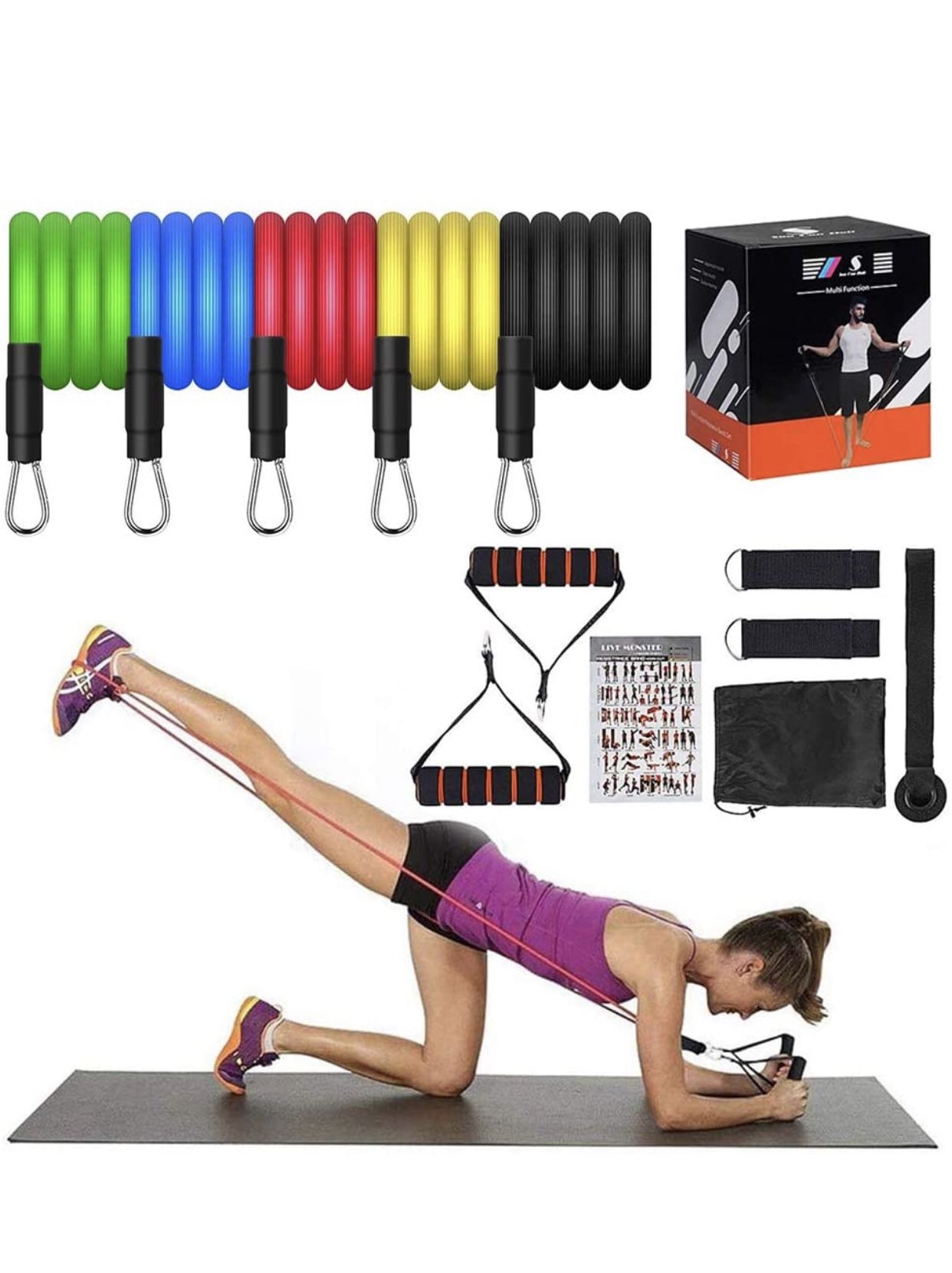 Exercise Resistance Bands Set,Fitness Stretch Workout Bands 11PC with Fitness Tubes, Foam Handles, Ankle Straps, Door Anchor for Home Gym Fitness, Sta