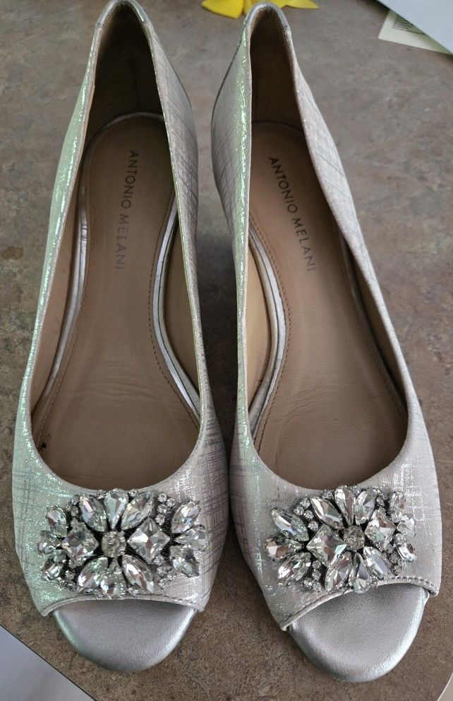 Elegant Silver Jeweled Wedge Heels 8M