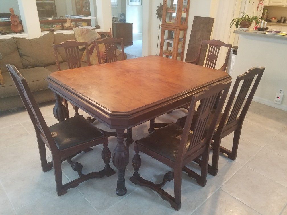 William & Mary Style Antique Dining Table - 6 Chairs - Homemade Leaf